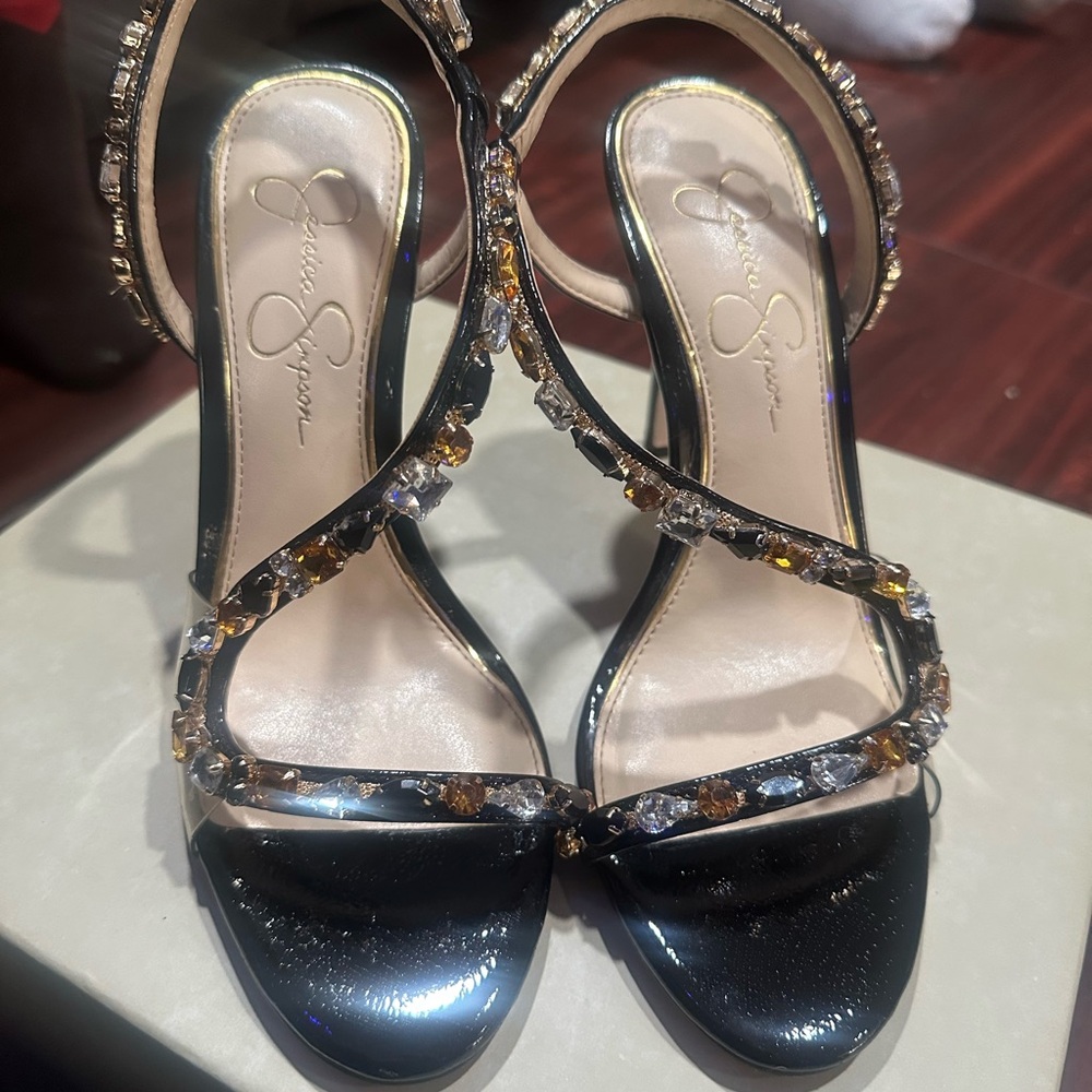 Jessica Simpson Black and Gold Embellished Heels